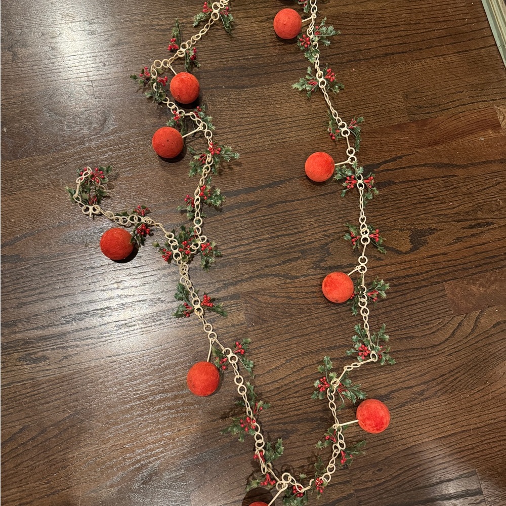 Vintage Christmas Garland Plastic White Chain Holly and Red Flocked Ball